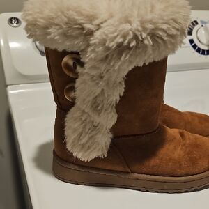 Brown Suede Kid Boots with Faux Fur Trim